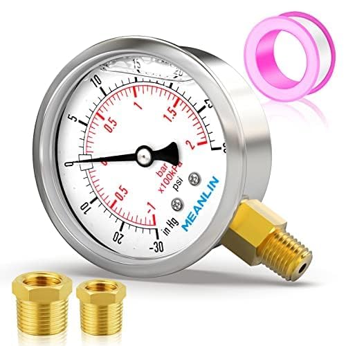 MEANLIN MEASURE -30inHG~30Psi Stainless Steel 1/4" NPT 2.5" FACE DIAL Vacuum Pressure Gauge, Lower Mount, with 1/2" NPT and 3/8" NPT Hex Bushing -30inHG-30Psi