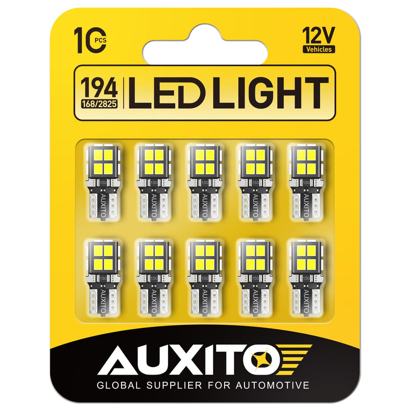 AUXITO 194 LED Bulb 6000K White 168 2825 W5W T10 Wedge 14-SMD Interior Car Bulbs Replacement for Dome Map Door Courtesy Trunk Parking License Plate Lights, 10 PCS