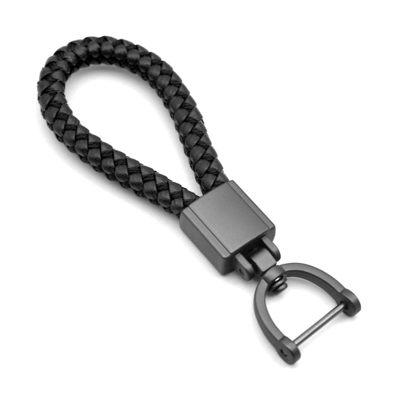 FEYOUN Universal Black Leather Car Fob Keychain Metal Keyring Woven Strap Braided Rope Key Chain for Men and Women - Matte Black Color, with 360 Degree Rotatable D-ring and Screwdriver Black and Matte Black