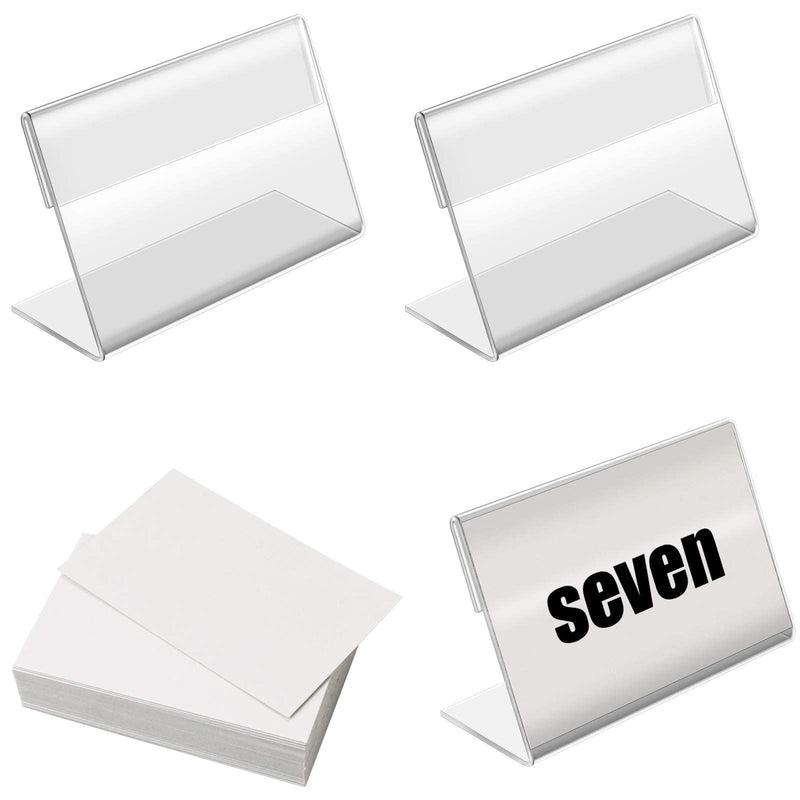BILLIOTEAM 50pack Mini Clear Sign Display Holder with Blank Labels,3.2*2.2 Inch Horizontal Slanted L-Shape Plastic Name Card Price Card Tag Label Counter Top Stand 3.2*2.2 IN L