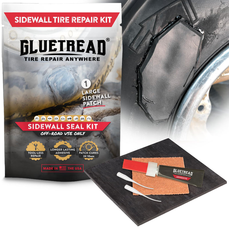 GlueTread Sidewall Tire Repair Kit - Off-Road Tire Patch Kit for ATV and UTV Tires - Large Rubber Patch & Adhesive Glue - Heavy Duty - For Sidewall Damage Repair