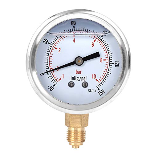 Oil Filled Pressure, 1/4 Lower Mount Stainless Steel Liquid Filled Pressure, -1-10 bar, -30-150 inhg/psi Scale Pressure with Brass Internals
