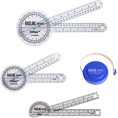 Baseline Hi-Res Measuring Set (1 ea: 8", 12" 360 Goniometer, 6" Pocket Goniometer, 60" Tape), Clear