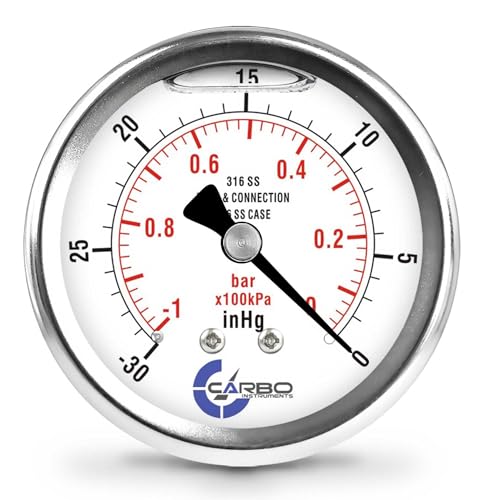 Vacuum Pressure Gauge 0 to -30 inHg, Liquid Filled, 2.5" Dial, 1/4 NPT Back Mount, 316 SS Case, 316 SS Wetted Parts, inHg/Bar - ASME B40.1 Grade A STANDARD
