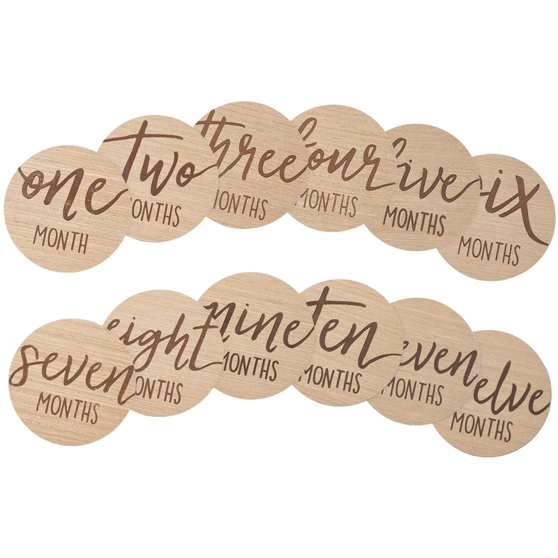 Kate & Milo Baby Monthly Milestone Marker Discs - Classic Cursive Script Wooden Discs with Reversible Photo Props for Baby Announcement and Milestones, Gender-Neutral Gift for Newborn Boy and Girl Circle Milestone Discs