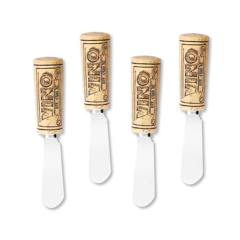 UPware Vino Wine Cork Cheese Spreaders, Hand-Painted Resin Handles with Stainless Steel Blades for Spreading Cream Cheese, Butter, and Jam, Assorted Designs, Set of 4