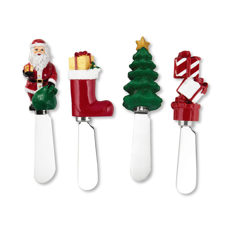 UPware Christmas Themed Cheese Spreaders, Hand-Painted Resin Handles with Stainless Steel Blades for Spreading Cream Cheese, Butter, and Jam, Assorted Designs, Set of 4