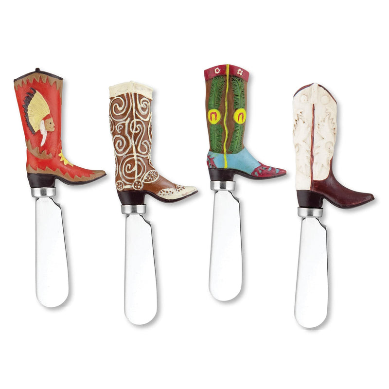 UPware Western Cowboy Boot Cheese Spreaders, Hand-Painted Resin Handles with Stainless Steel Blades for Spreading Cream Cheese, Butter, and Jam, Assorted Designs, Set of 4 Boots
