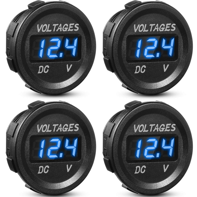 Frienda 4 Pieces DC 12V Car Voltage Gauge LED Display Waterproof Voltmeter Digital Round Panel Voltmeter Compatible with Vehicle Motorcycle Truck Camper Caravan ATV UTV Car Boat (Blue) Blue
