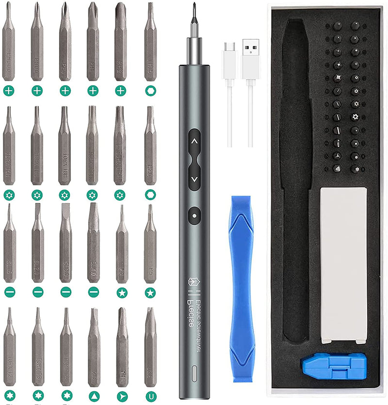 AMIR Electric Screwdriver 28-in-1 Cordless Mini Power Precision Screwdriver Set with 24 Bits, Rechargeable Repair Tool Kit for Phones Watch Laptops Silver
