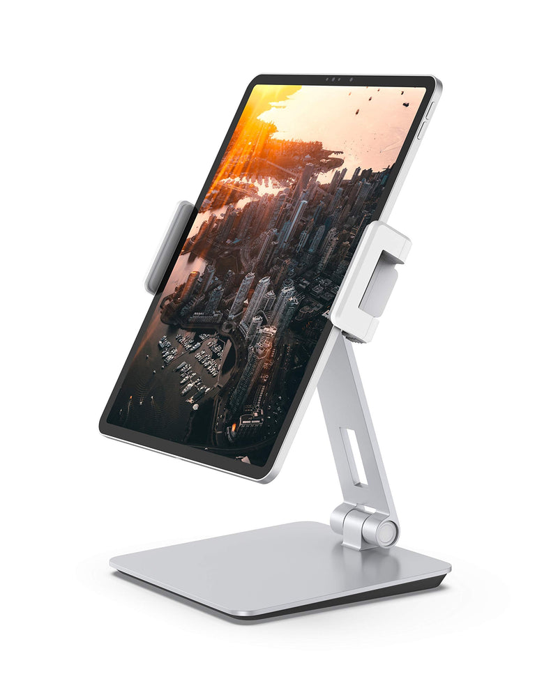 Maxonar Tablet Stand for Desk, 360° Adjustable Aluminum Alloy Swivel iPad Charging Tablet, iPad Pro Air Mini Tablet Holder for Bed Store POS Showcase Kitchen Office Drawing Desktop (6-13''), Silver
