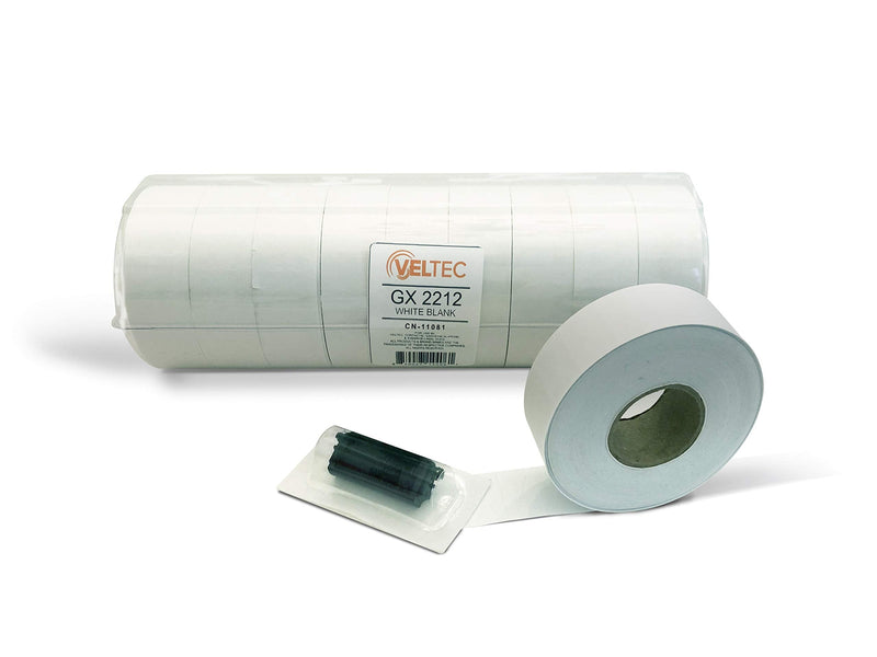 Veltec 2212 White Pricing Labels for Garvey (22-6, 22-7, 22-8) and Contact (6.22, 7.22, 8.22) One-Line Price Gun/Labelers, Free Ink Roller – 9 Rolls, 11,000 Labels with Security Slits