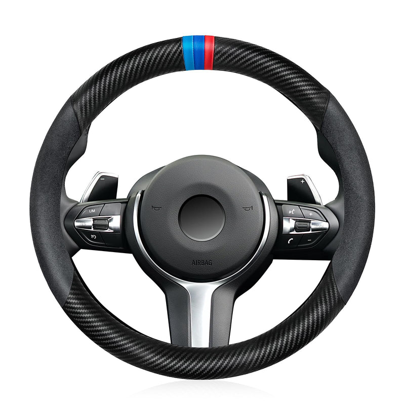 Carbon Fiber Steering Wheel Cover, Non-Slip and Sweat Absorbent, 15" Steering Wheel Covers for X5 X3 Men Women, Black (Black Suede ///) BLACK Suede ///