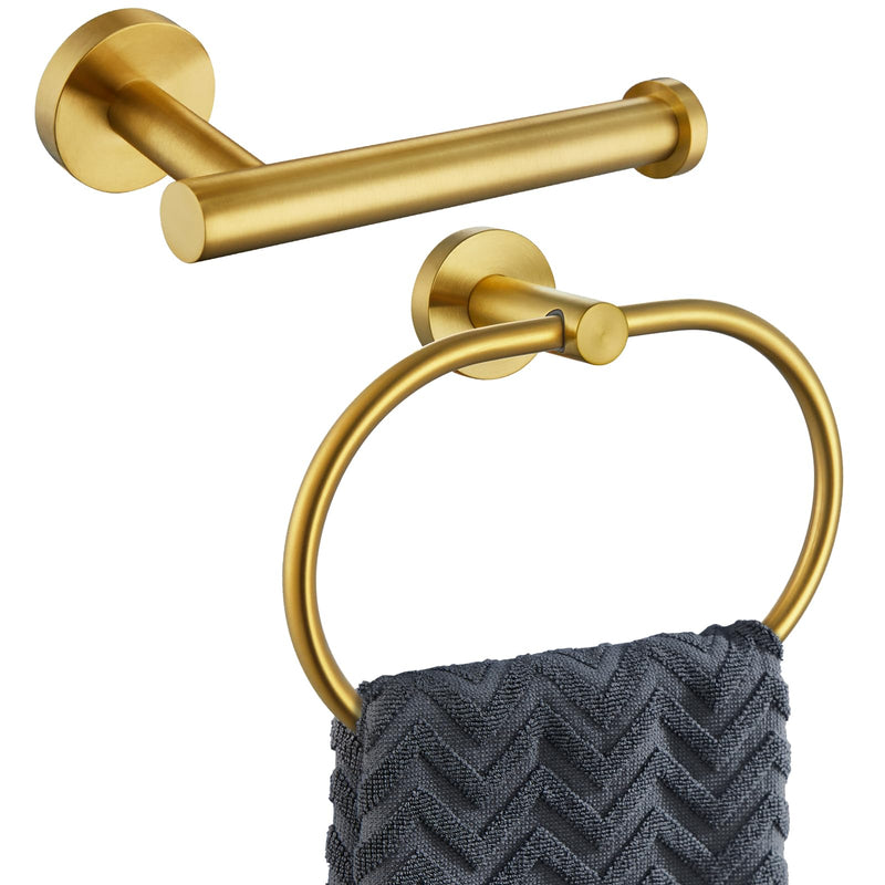 APLusee 2 Pieces Bathroom Hardware Set Brushed Gold, Contemporary 304 Stainless Steel Storage Accessories Kit with Oval Hand Towel Ring, Toilet Paper Holder Wall Mounted Brushed Gold Oval Shape