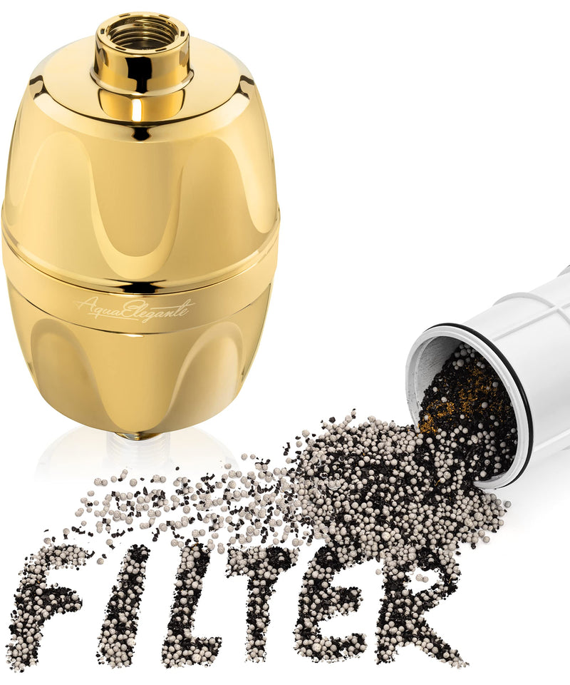 Aqua Elegante Shower Water Filter For Showerhead - Universal Shower Head Filters To Remove Chlorine & Hard Minerals - Gold Bath Purifier And Filtered Softener System Best With KDF-55 - Polished Brass