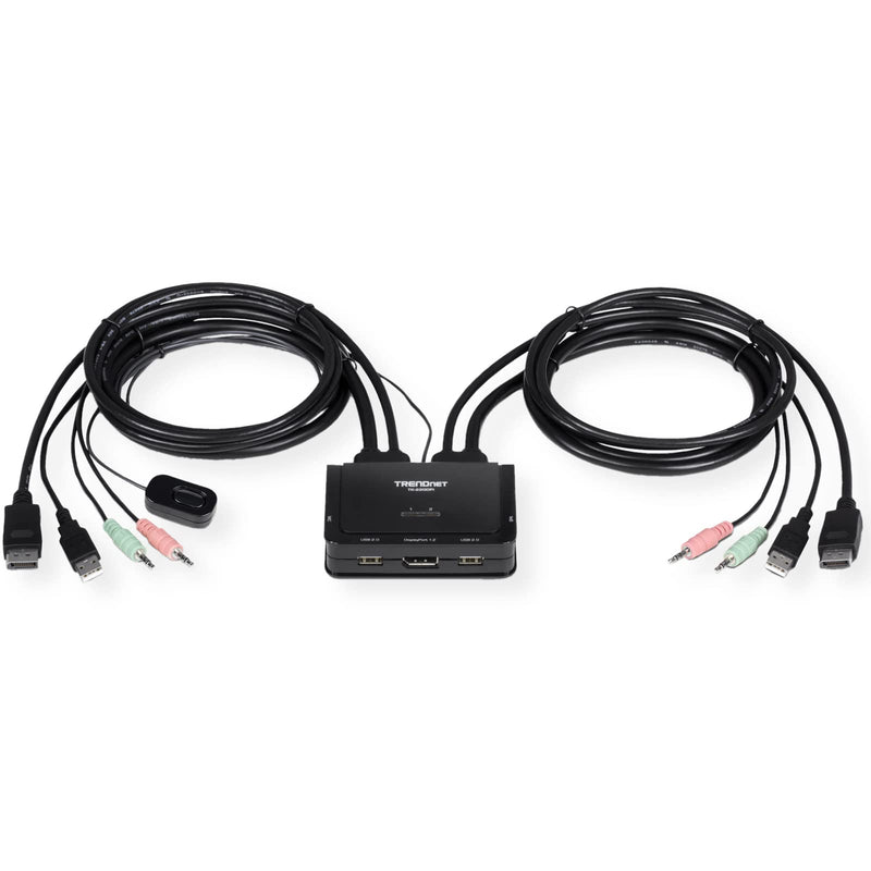 TRENDnet 2-Port 4K DisplayPort 1.2 KVM Switch with Audio, 4K UHD (3840 x 2160@60Hz), 3.5mm Speaker/Microphone, USB 2.0, Integrated Cables, Black, TK-220DPI 2-Port 4K DisplayPort KVM