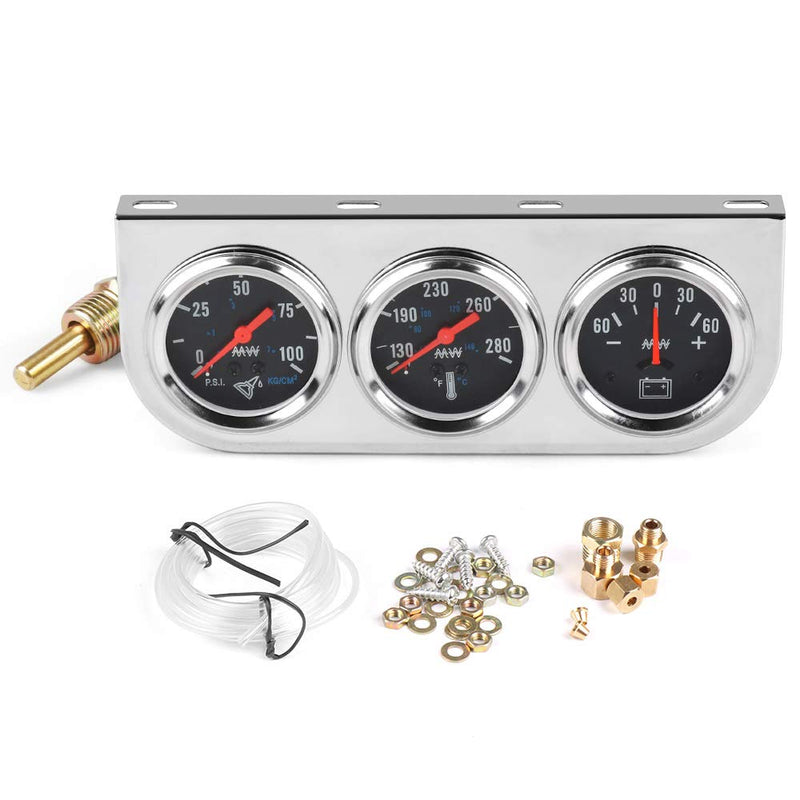 2" 52mm Chrome Panel 3in1 Car Meter Oil Pressure Fahrenheit Water Temp Ammeter Triple Gauge Kit Set Black Face