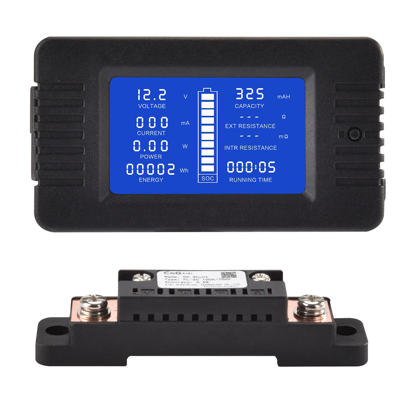 DC Multifunction Battery Monitor Meter with Shunt,0-200V,0-100A, LCD Display Digital Current Multimeter Voltmeter Ammeter for Cars RV Solar,Widely Applied to 12V/24V/48V RV/Car Battery… DC 100A Battery Meter