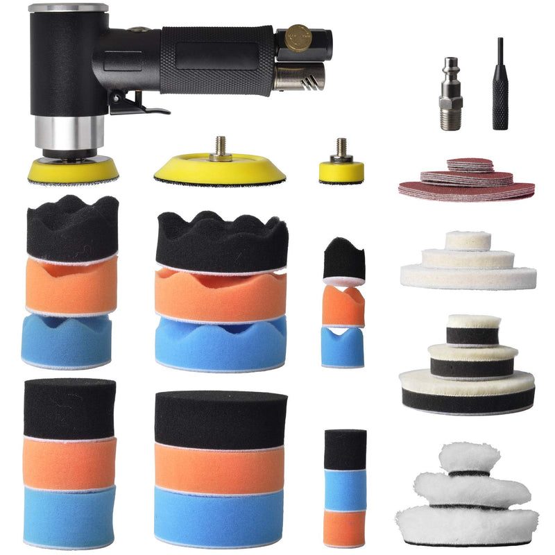48 Pcs mini random orbital air sander kit, high-speed mini air sander polisher, Includes 1-inch and 2-inch and 3-inch polisher pad kit polishing sponge & wool pads sandpapers, sander kit