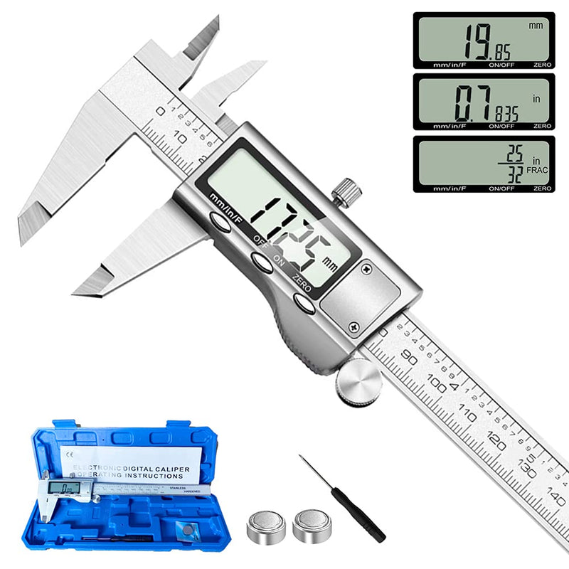 Digital Caliper Measuring Tool, Stainless Steel Vernier Caliper Digital Micrometer with Large LCD Screen, Easy Switch from Inch Metric Fraction, 6 Inch Caliper Tool for DIY/Household 20-F