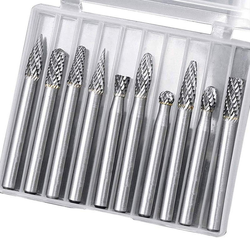 10pc Tungsten Carbide Burr Set 1/4" Shank Double Cut Rotary Cutting Burr Set Die Grinder Bits for Steel Metal Wood Woodworking Carving, Polishing, and Engraving