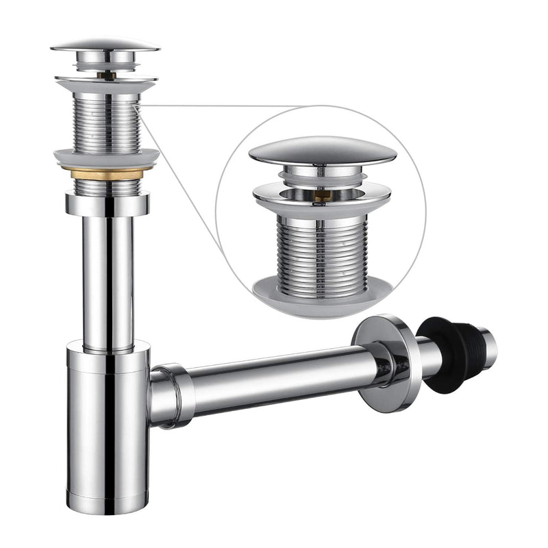 Bathroom Sink Stopper P-Trap Complete Set Adjustable 1-1/4 Sink Drain Kit Tube Solid Brass Bottle Trap w/Pop Up Drain Stopper Set, No Overflow Version, Chrome Silver