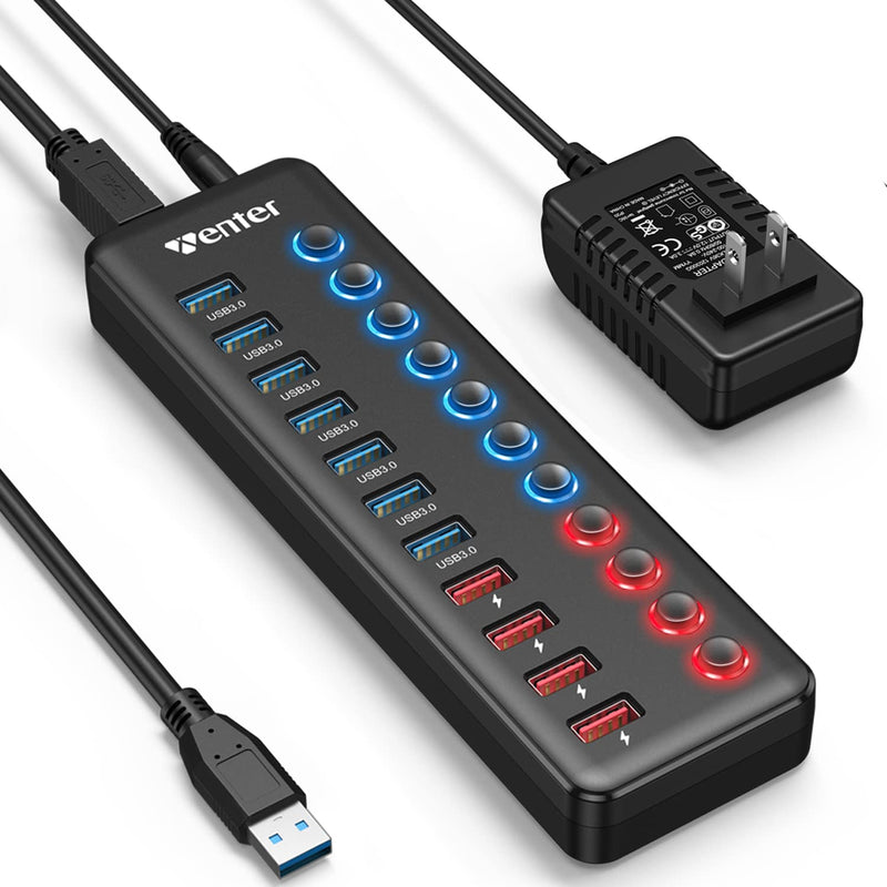 Powered USB 3.0 Hub, Wenter 11-Port Hub Splitter (7 Faster Data Transfer Ports+ 4 Smart Charging Ports) with Individual LED On/Off Switches, Power Adapter for Mac, PC 7+4