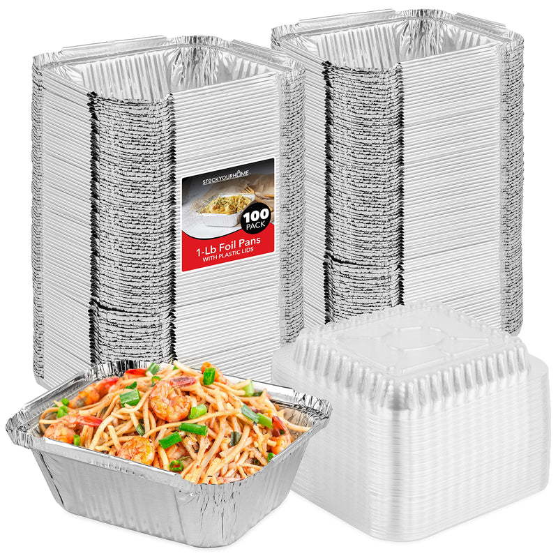 Stock Your Home 1 lb Small Aluminum Pans with Clear Plastic Lids (100 Pack), Disposable Cookware & Takeout Trays for Restaurants & Catering 100 Pack