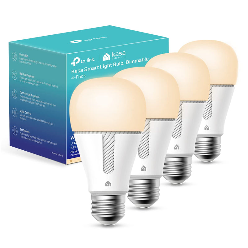 Kasa Smart Light Bulbs that works with Alexa and Google Home, Dimmable Smart LED Bulb, A19, 9W, 800Lumens, Soft White(2700K), CRI≥90, WiFi 2.4Ghz only, No Hub Required, 4 Count (Pack of 1)(KL110P4) 4-Pack (Newer Version) 4 Pack