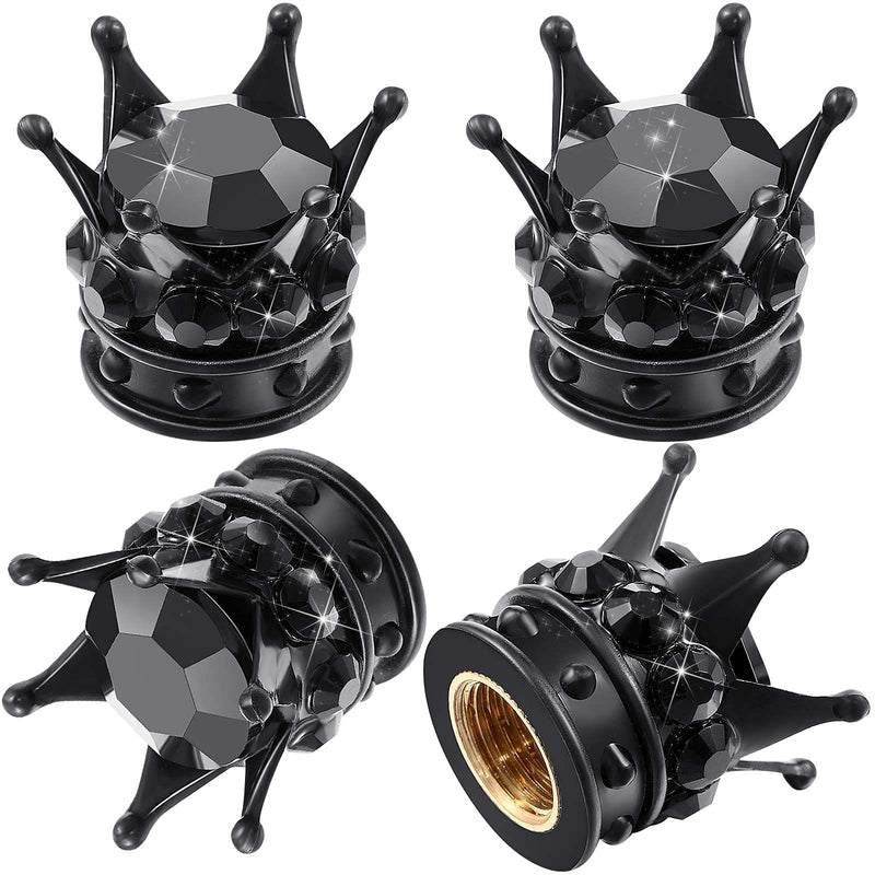 4 Pieces Crown Tire Valve Stem Caps Bling Handmade Crystal Rhinestone Universal Chrome Crown Vehicle Car Tire Caps Covers, Attractive Accessories for Car (Black) Black