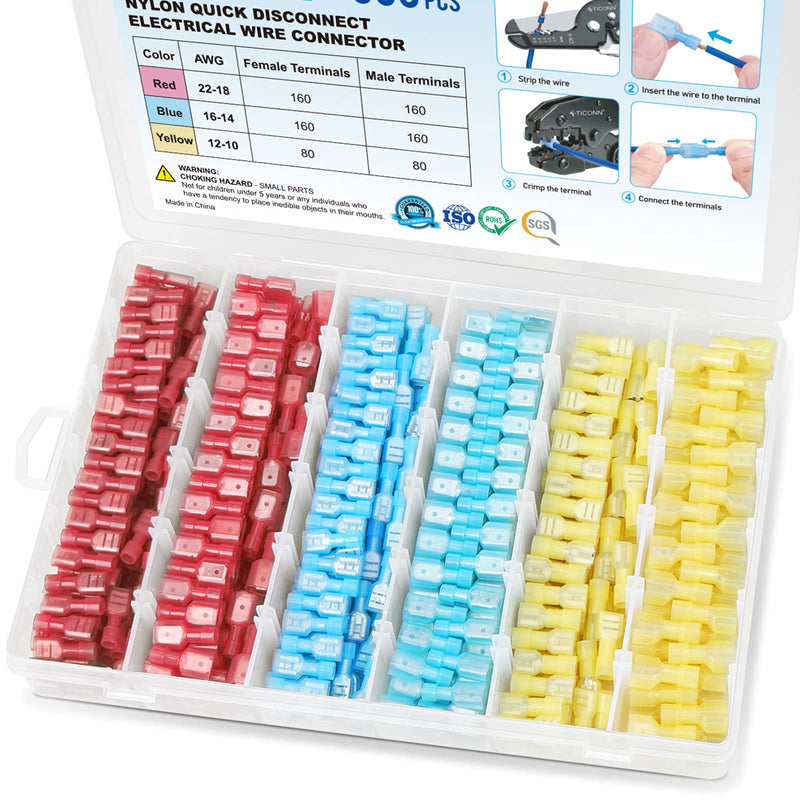 TICONN 800 Pcs Nylon Spade Quick Disconnect Connectors Kit, Electrical Insulated Terminals, Male and Female Spade Wire Crimp Terminal Assortment Kit Combo 800Pcs