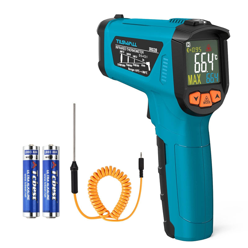 Tilswall Infrared Thermometer, -58°F to 1472°F(-50~800°C), Non-Contact Digital Laser Thermometer with Probe, Adjustable Emissivity, High/Low Temp Alarm, for Cooking/BBQ/Freezer(NOT for Human)-W300 -50°C~800°C(with K-type probe)