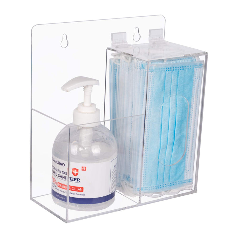 Acrylic Mask Dispenser & Hand Sanitizer Holder Stand Wall Mount or Countertop, Hygiene Station with 2 Compartment Clear Box Dispenser Holder for Face Masks, Gloves, Hairnets, Spray Bottle