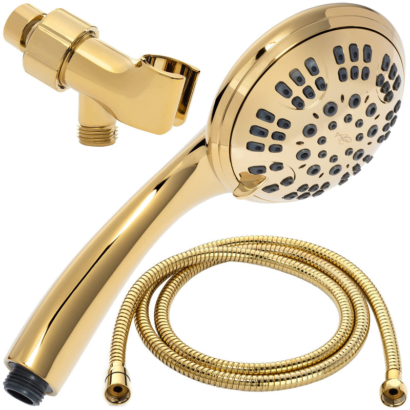 Aqua Elegante Luxury Handheld Shower Kit - 6 Function High Pressure Removable Hand Held Showerhead with Hose and Mount, Easy Install for Boosting Low Water Flow Baths - 2.5 GPM - Polished Brass