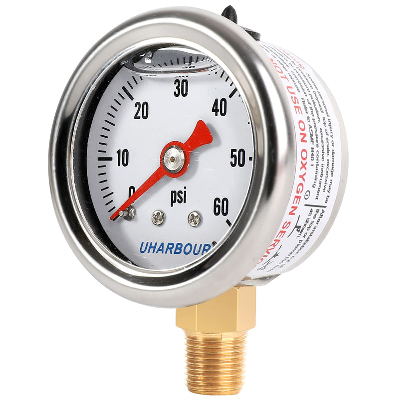 Glycerin Filled Pressure Gauge with 304 Stainless Steel Case, 1-1/2" Dial Size, 0-60Psi, High Accuracy, 1/8" NPT Center Lower Mount Lower Mount（Single scale）