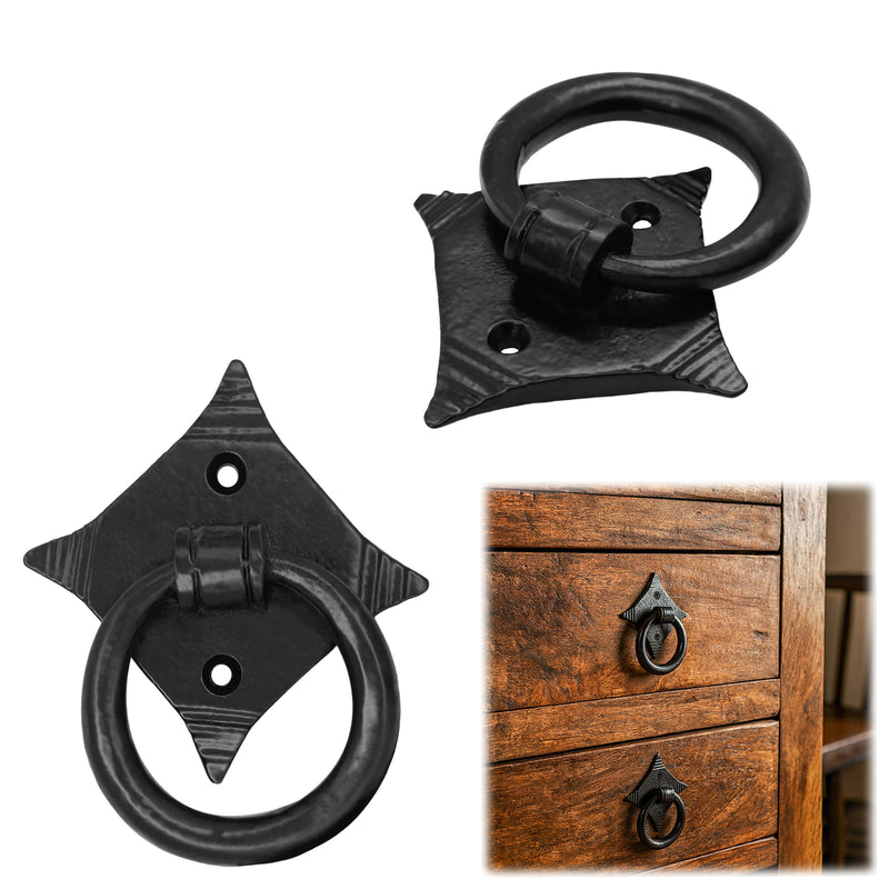 2 Pack Mystic Colonial Cast Iron Ring Pull Handles – Blackened Hammered Finish – Antique Style for Cabinet, Drawer & Cupboard Hardware with Screw - Hammered 2, Colonial Colonial - 2" x 2" - Pair