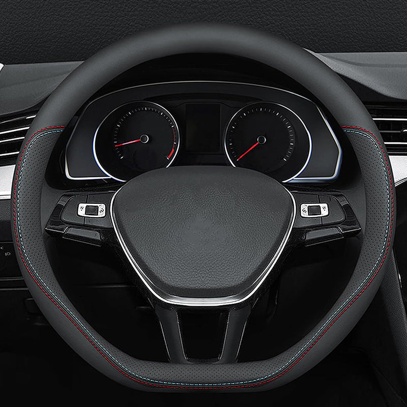 Carodi Latest Nappa Leather car Steering Wheel Cover, Stylish Non-Slip Leather car Interior 15 inches Universal (D-Shape,Black) D-Shape,Black (red and blue lines)