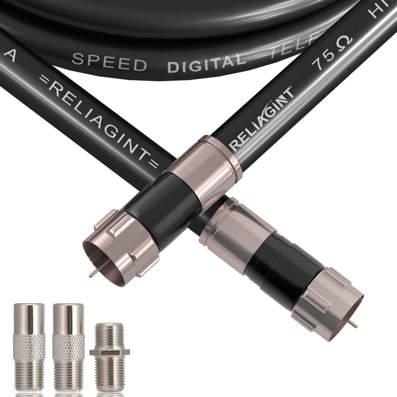 50ft RG6 Coaxial Cable Black, 75 Ohm Coax Cable with F Connector & F81 Double Female Coupler, Low Loss High-Speed TV Antenna Extension Cord for HD TV, Satellite & Dish 50 FT