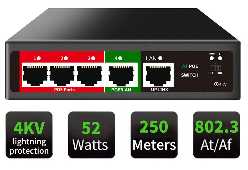 STEAMEMO 5 Port PoE+ Switch | Easy Smart Managed Ethernet Switch | Support VLAN, QoS | 52W Total PoE Budget | Fanless Metal | Plug & Play (Desktop/Wall Mount) 5 Ports|52W 4xPoE+