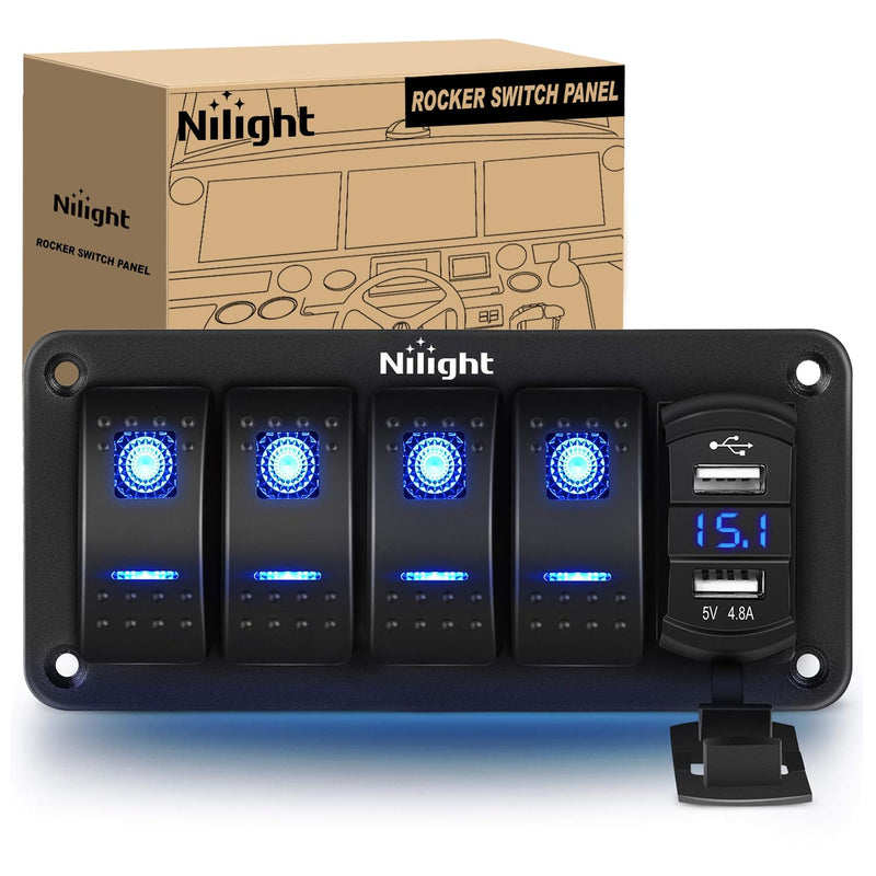 Nilight 4 Gang Rocker Switch Panel with 4.8 Amp Dual USB Charger Voltmeter Waterproof 12V 24V DC Night Glow Stickers for Car Trucks Boats RVs Blue