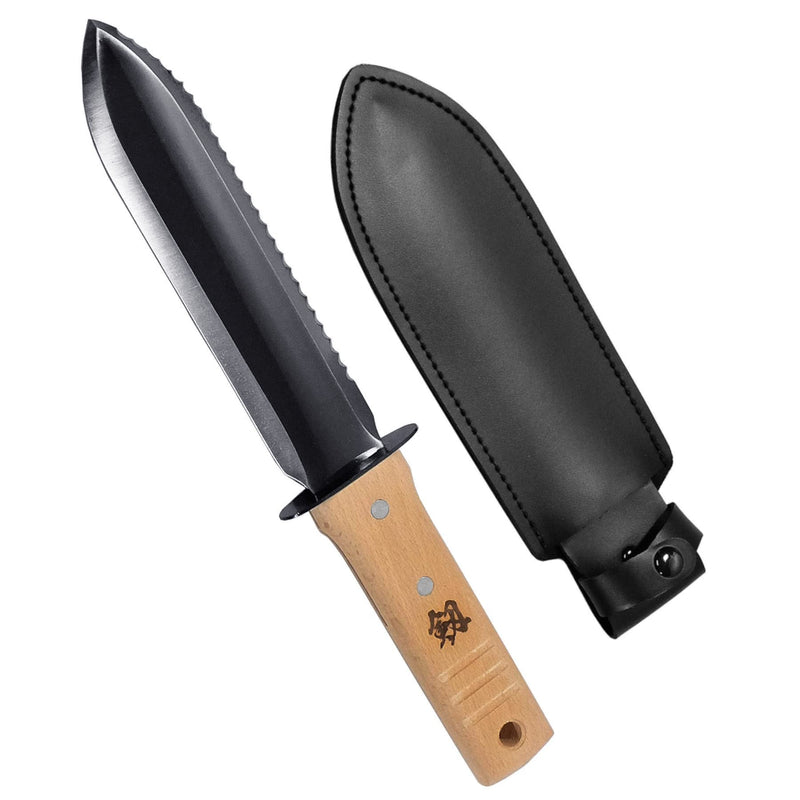 KAKURI Hori Hori Garden Knife with Sheath 12.5" [Carbon Steel Blade], Professional Garden Tool for Digging, Planting, Weeding, Wood Handle, Black Carbon Steel