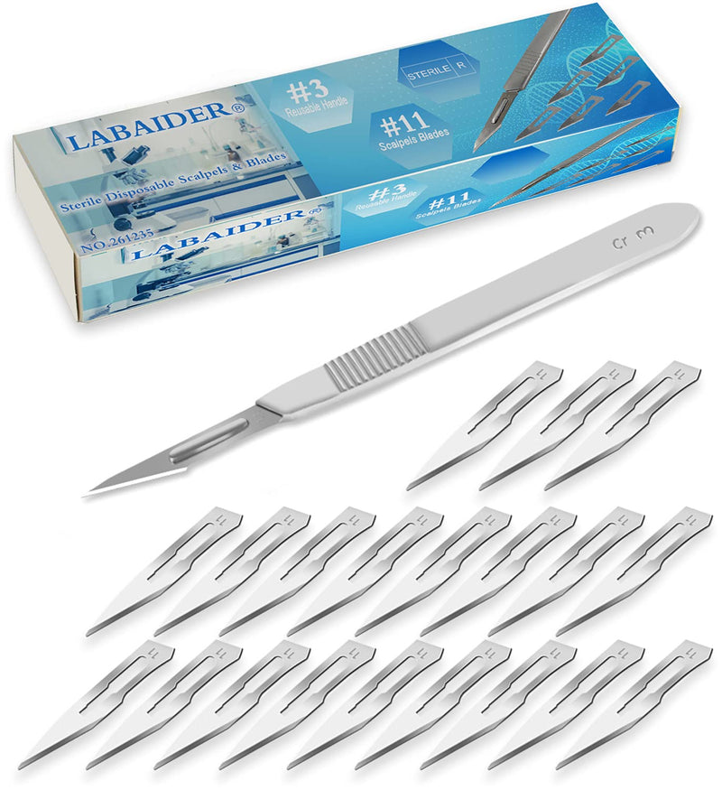 LabAider Surgical Grade Blades #11 20pcs Sterile with #3 Scalpel Knife Handle for Biology Lab Anatomy, Practicing Cutting, Medical Student, Sculpting, Repairing #11-20PCS
