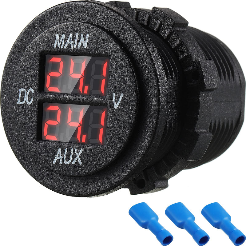 LED Digital Double Voltmeter, Round Panel Voltage Monitor for Car Pickup RV Truck Dual Battery Pack (Red) Red