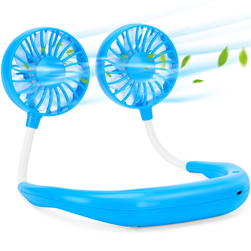 Portable Neck Fan Rechargeable Personal Hand-Free Fan Mini USB Wearable Neckband Sport Fan, 3 Speed Adjustable, 360 Degrees Free Rotation Perfect for Working, Traveling, Office, Reading (Blue) Blue