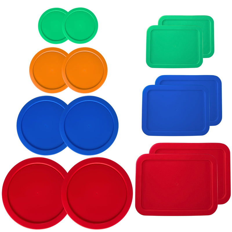 1, 2, 4 & 7 Cup Round & 3, 6, 11 Cup Rectangle Replacement Lids/Covers for Pyrex, Anchor Hocking & KlareWare Storage Bowls *Lids Only -Glass Container Not Included*, 14 Pack *2 of Each Size* Green, Orange, Blue, Red, Green, Blue, Red