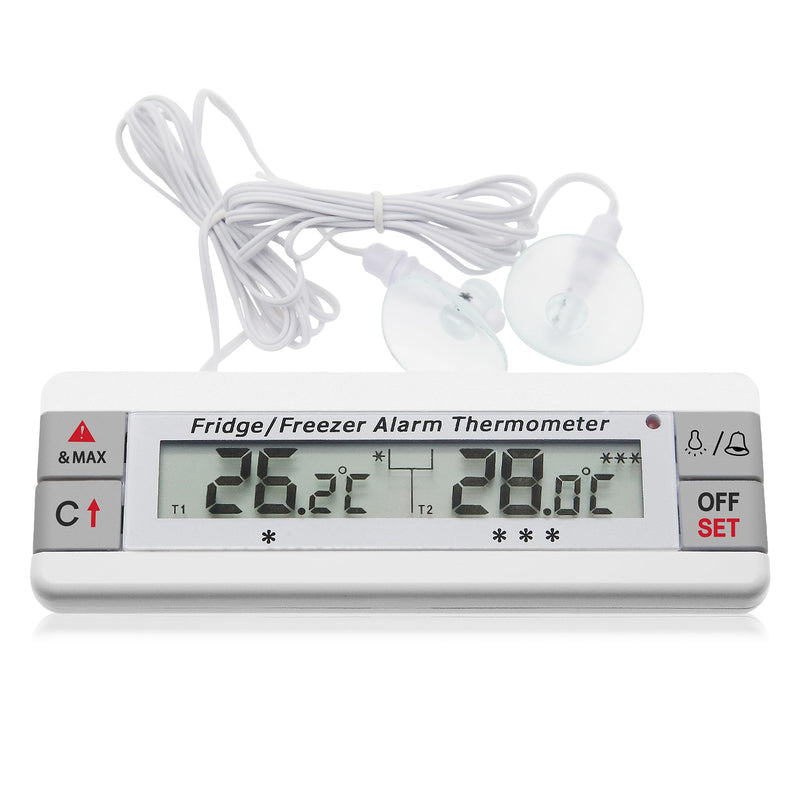 Digital Refrigerator Thermometer 2 Channel Freezer Thermometer with Alarm Sound Reminder Thermometer Fridge with Max/Min Temperature Record Freezer Alarm with Magnetic Back for Home Kitchen Refrigerator Universal Version