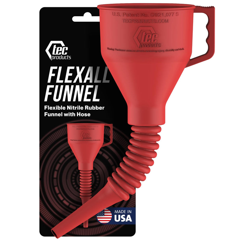 FlexAll Funnel - Long Flexible Funnel with Hose for Automotive Use - Nitrile Rubber Funnel with Handle for Oil Change and Transmission Fluid - Gas, Diesel, Oil Funnel for Cars Red Large