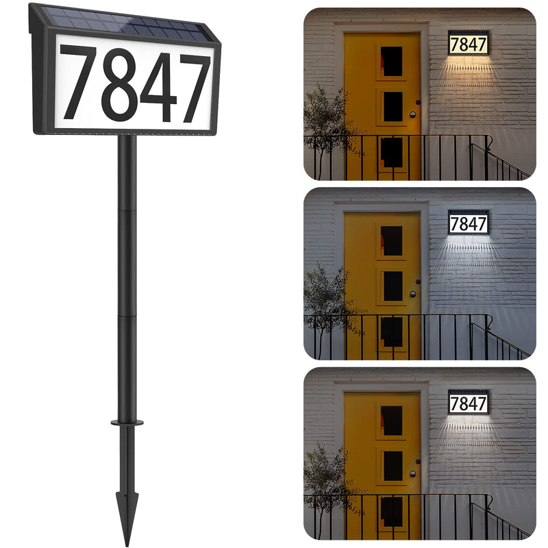 MAXvolador Solar Powered Address Sign House Numbers Waterproof, 3-Color Lighting Modes LED Illuminated Address Plaque with Stakes, Outdoor Address Number 1