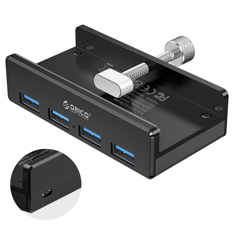 ORICO USB 3.0 Hub, USB Hub Clamp, Aluminum 4-Port USB Splitter with Extra Power Supply Port and 4.92 FT USB Data Cable, Desktop Powered USB Hub for Monitors/Desks-Black (Without Power Adapter) Black