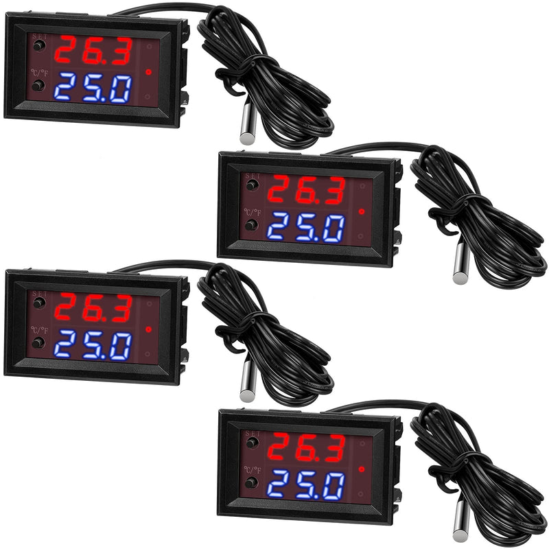 4 Pieces 12V Electronic Temperature Controller Programmable -50 to 110 Degree Celsius Heating/Cooling Thermostat Control Switch Module Ntc Waterproof Sensor Probe Dual Color LED Display Monitor 4